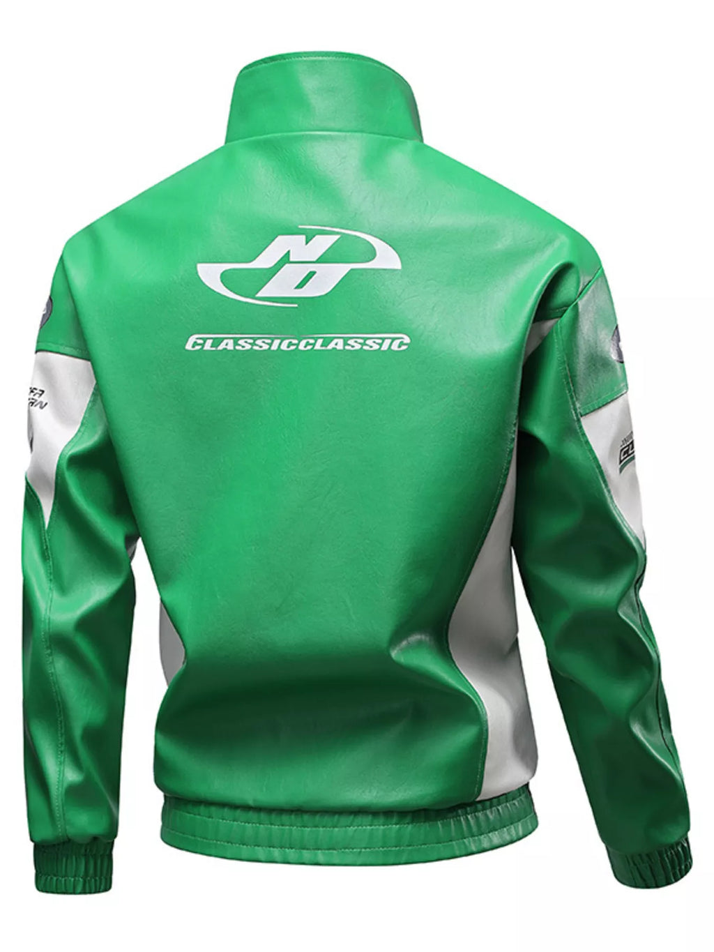 Men's green leather moto jacket featuring a classic logo, stylish design, and comfortable fit for an edgy look.