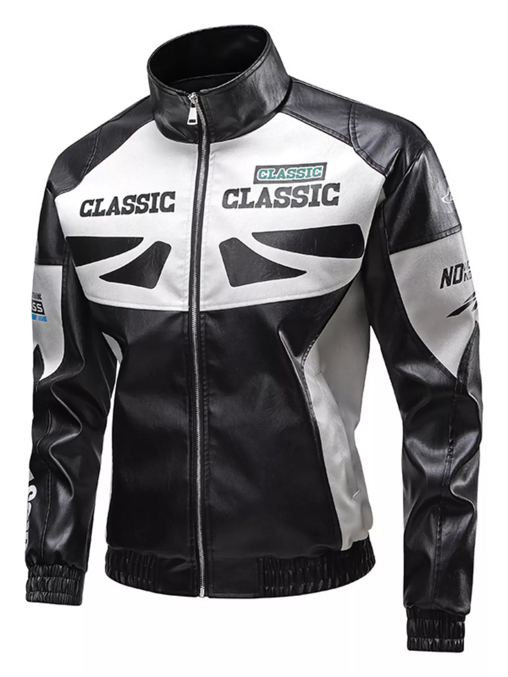 Men's plus size leather moto jacket featuring a stylish black and white design with a stand collar and zipper closures.