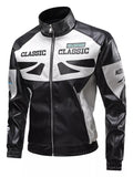 Men's plus size leather moto jacket featuring a stylish black and white design with a stand collar and zipper closures.