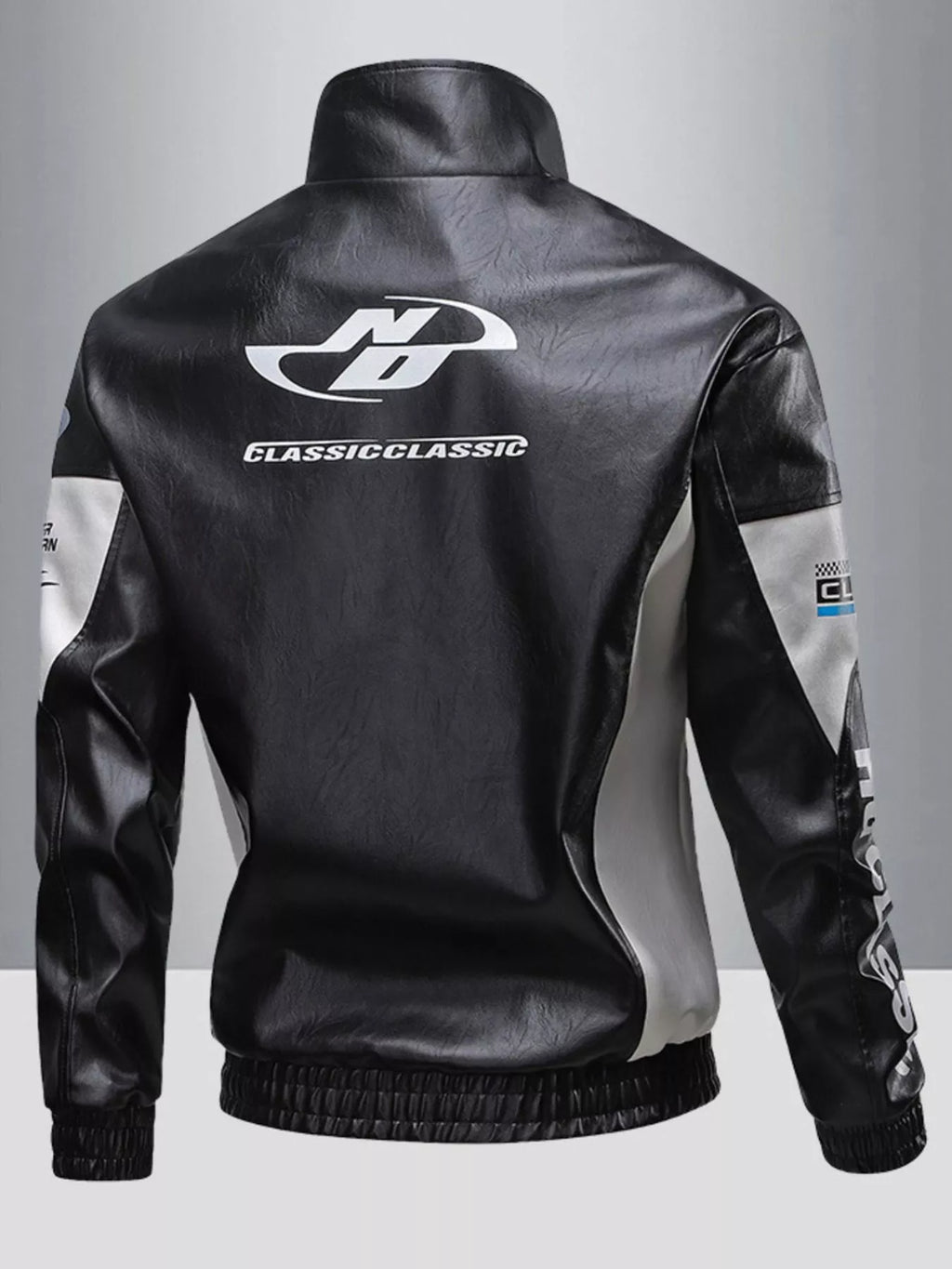 Men's plus size leather moto jacket featuring a sleek design with logo and stylish color blocking detail.
