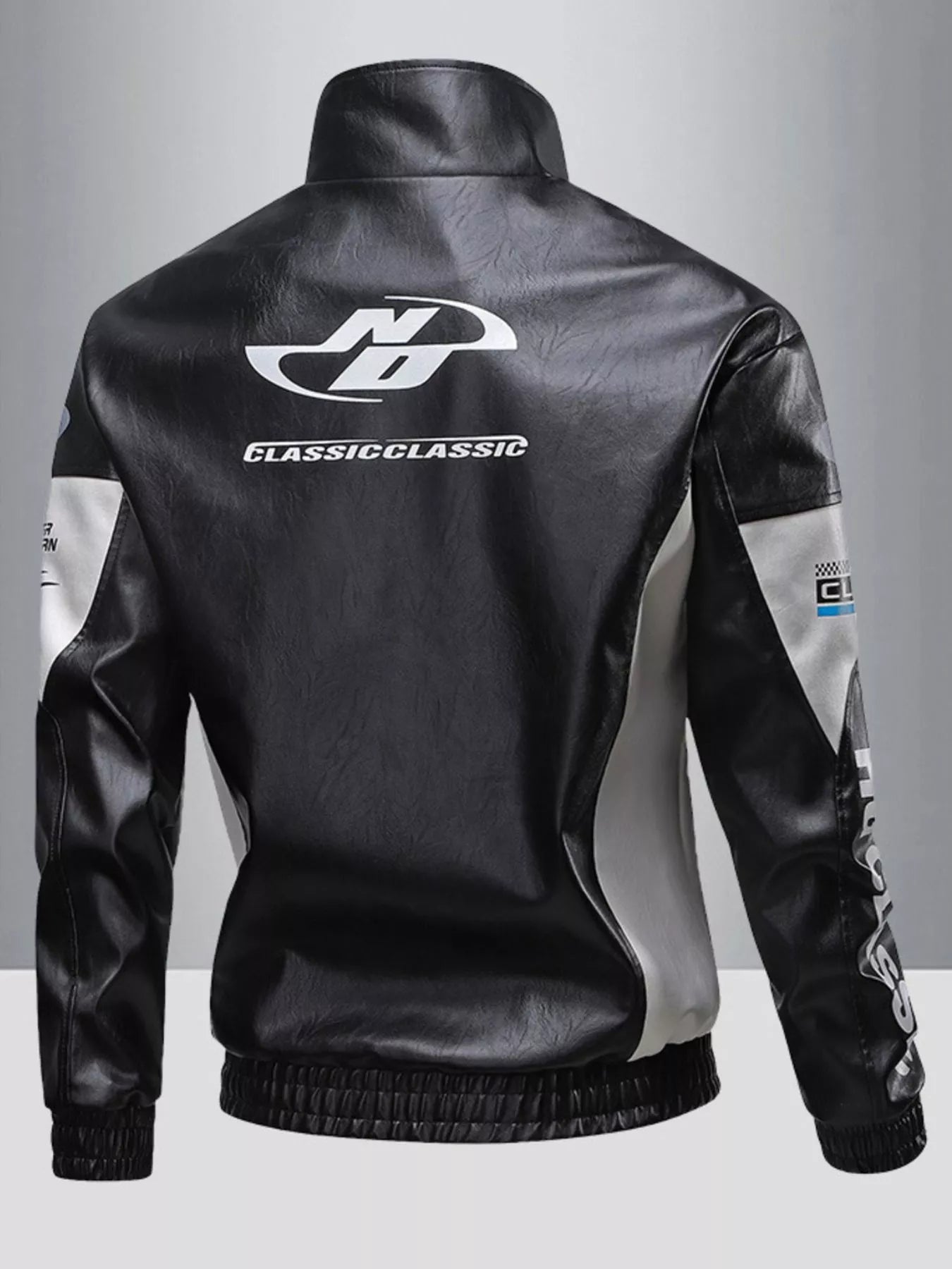 Men's plus size leather moto jacket featuring a sleek design with logo and stylish color blocking detail.
